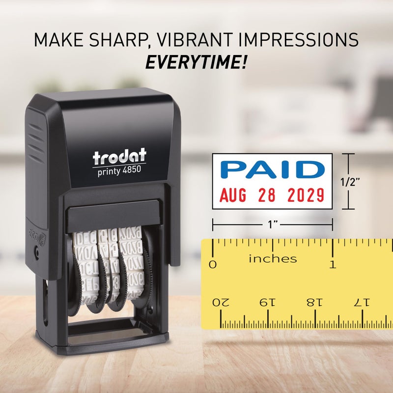 Trodat Printy 4850 Date Stamp - Pocket Sized Self-Inking Stamp with Paid Message - Blue and Red Ink, 3/4"" x 1"" - Image 5